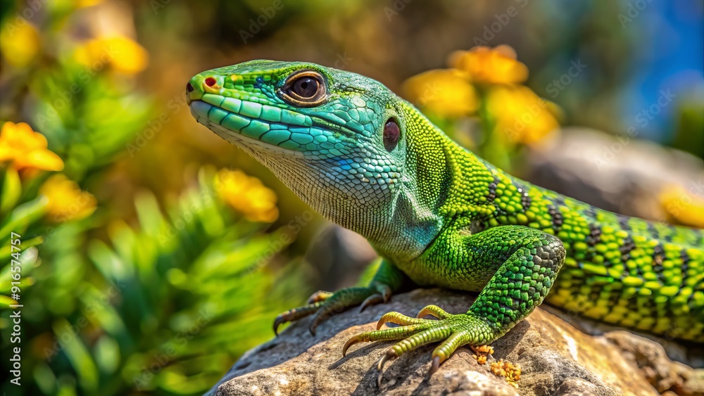 Vibrant green European wall lizard perches on weathered rock, scaly skin glistening in warm sunlight amidst lush Mediterranean foliage backdrop. Vibrant green European wall lizard perches on weathered rock, scaly skin glistening in warm sunlight amidst lush Mediterranean foliage backdrop.