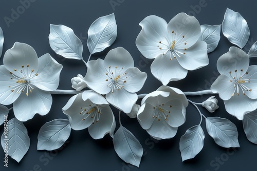 An elegant 3D floral wallpaper with a bunch of leaves and flowers against a black background, offering generous copy space for text photo