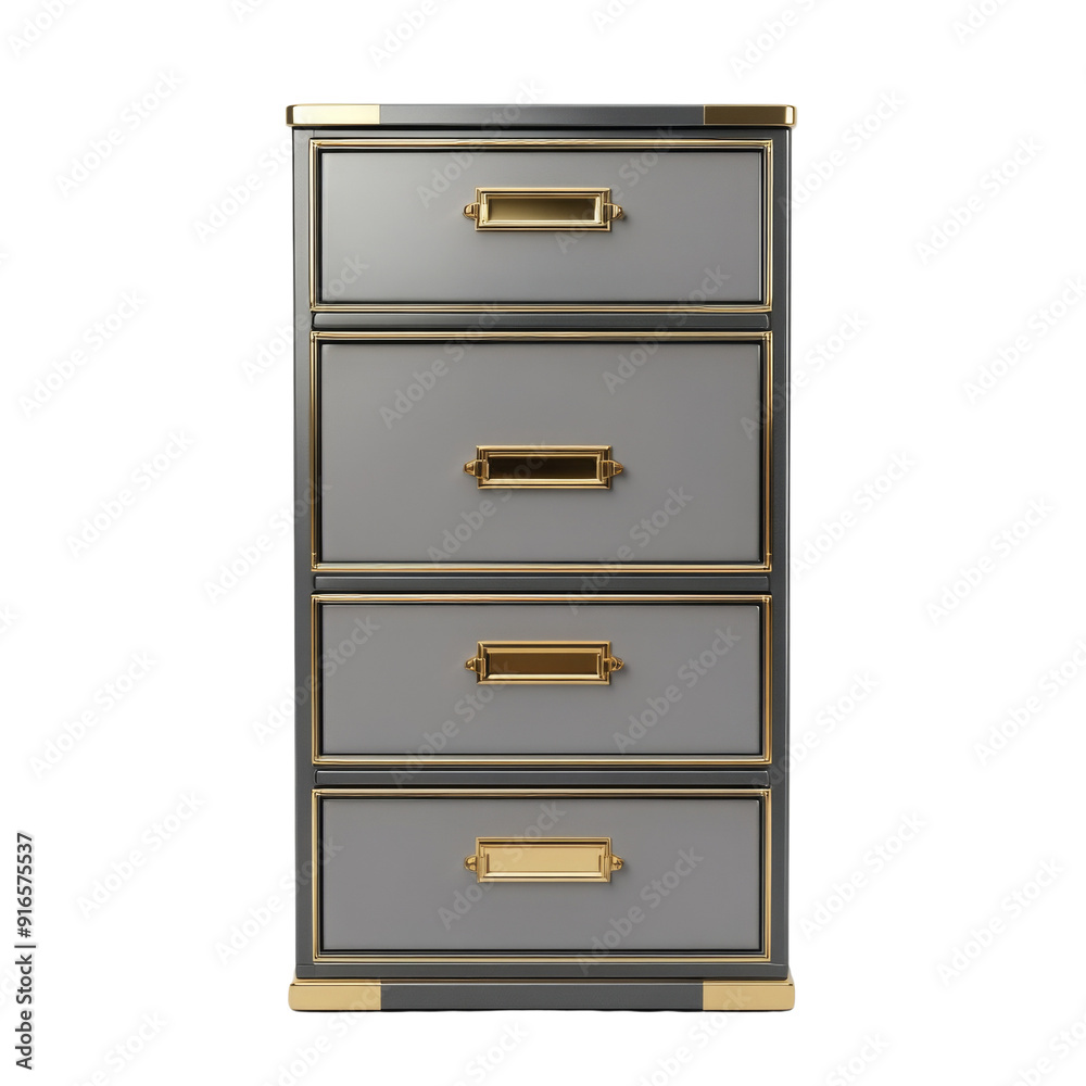 Elegant gray filing cabinet with four spacious drawers and gold accents, perfect for modern office organization. Elegant gray filing cabinet with four spacious drawers and gold accents, perfect for modern office organization.