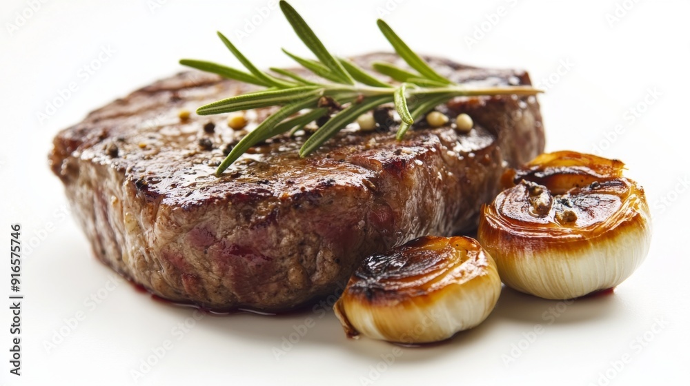 A mouthwatering steak garnished with a sprig of rosemary, served with a side of roasted garlic cloves on a white background. A mouthwatering steak garnished with a sprig of rosemary, served with a side of roasted garlic cloves on a white background.