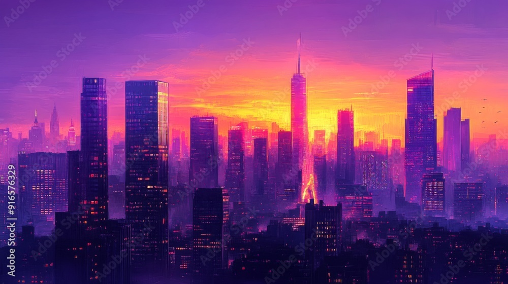 Fototapeta premium A panoramic view of a city skyline at twilight, with high-rise buildings against a backdrop of deepening purple and orange hues.