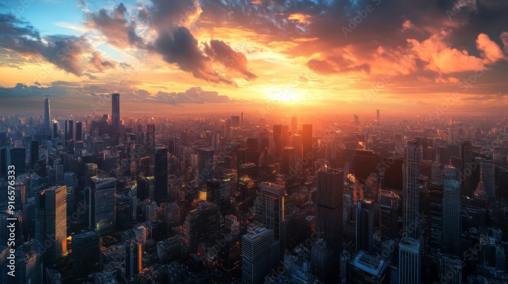 Fototapeta premium A panoramic view of a bustling city with tall skyscrapers and a stunning sunset, showcasing the contrast between the buildings and the sky.