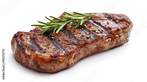 A perfectly grilled steak, cooked medium-rare, with visible grill marks and a garnish of rosemary on a white background.