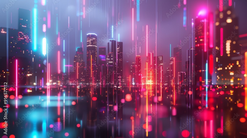 A cityscape with neon lights and a reflection of the city in the water A cityscape with neon lights and a reflection of the city in the water