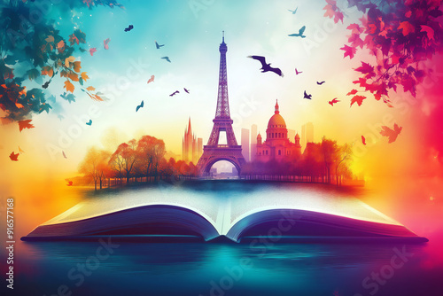 Fantastical Parisian Dreamscape Emanating from Open Book at Sunset photo