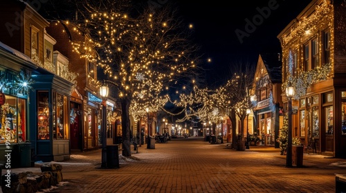 A picturesque nighttime scene of a quaint town square with historic buildings and festive lights, creating a charming and inviting atmosphere.