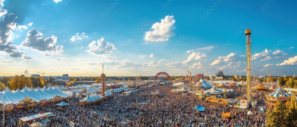 Fototapeta premium Panoramic view of Oktoberfest with sprawling tents