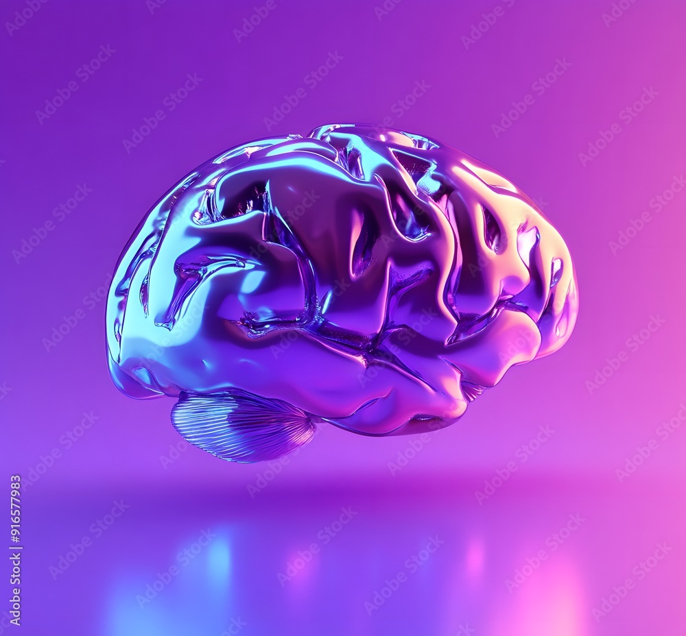 3D rendering of a metallic purple brain on a purple background. 3D rendering of a metallic purple brain on a purple background.