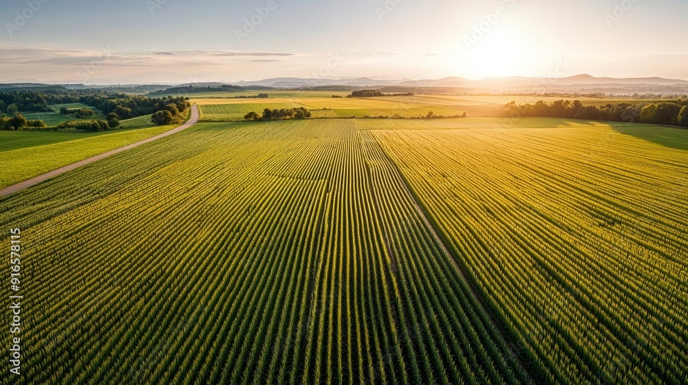 AI-driven farm landscape, photorealistic aerial view of vibrant fields and country roads AI-driven farm landscape, photorealistic aerial view of vibrant fields and country roads