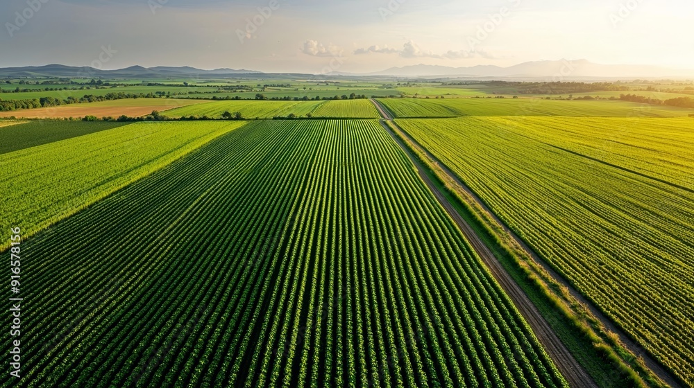 AI-driven farm landscape, photorealistic aerial view of vibrant fields and country roads
