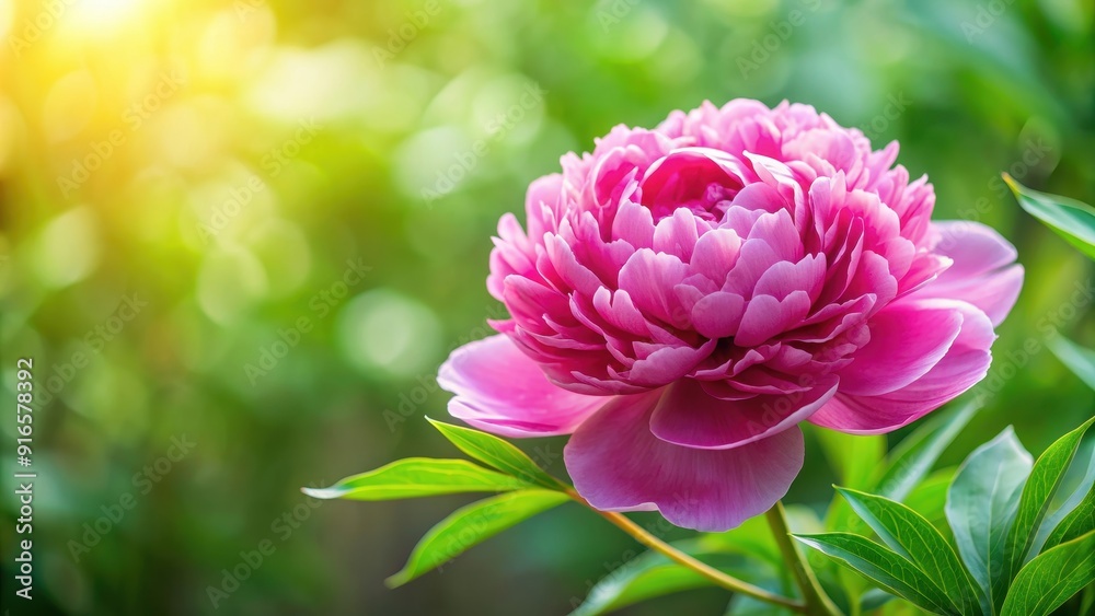 Fototapeta premium Pink peony flower with green leaves on background, pink, peony, flower, green, leaves,background, petal, delicate, beautiful