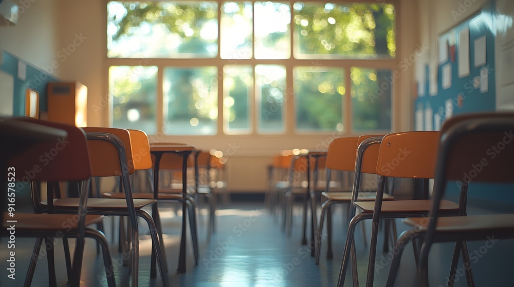 Quiet and Empty. School classroom with tables and chairs Quiet and Empty. School classroom with tables and chairs