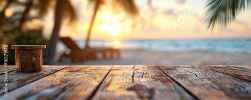 Generative AI tropical bar scene, warm sunset lighting, empty wooden table, relaxing beach atmosphere