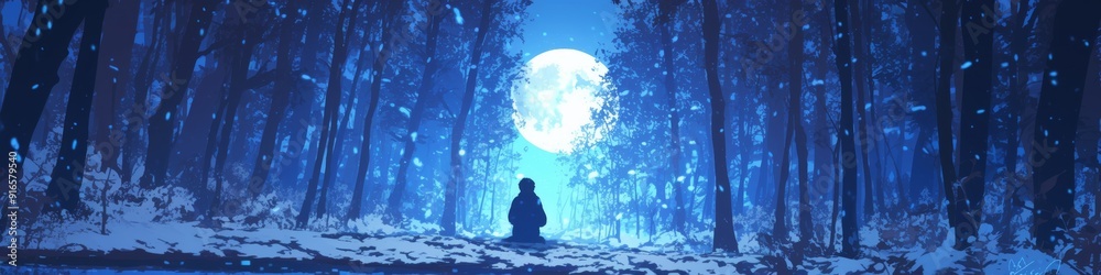 Fototapeta premium Enchanting Anime Winter Wonderland: Child's Silhouette by Snowy Pond in Moonlit Forest. Magical Scenery for Storybook Illustrations, Fantasy Backgrounds, and Creative Marketing Visuals. Perfect for Ho