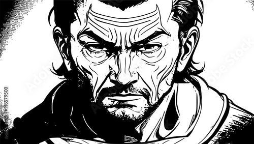 A dramatic black and white illustration of a rugged man with intense facial features, showcasing deep lines and a serious expression. Strong contrasts and detailed shading. Strength and determination