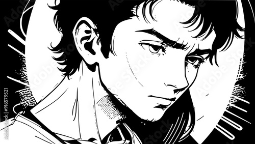 A monochrome illustration of a young man with a serious expression. His hair is tousled, and he has a defined jawline. The background features bold black and white contrasts. The dramatic effect.