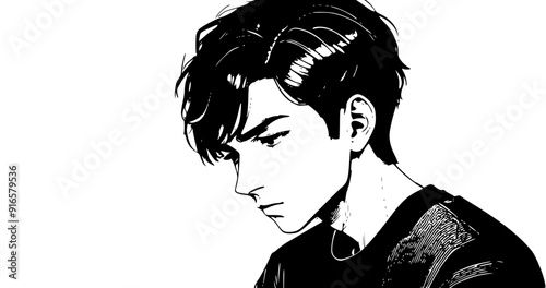 A stylized black and white illustration of a young man with tousled hair, looking thoughtfully to the side. The artwork features bold lines and a minimalist design, capturing an emotional expression.