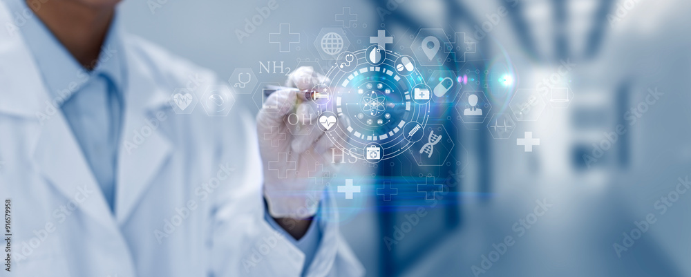 Healthcare and medical network concept. Doctor working with medical media icons in hospitals background. Healthcare and medical network concept. Doctor working with medical media icons in hospitals background.