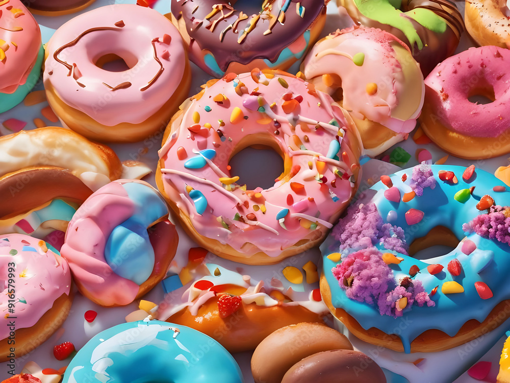 Create a hyper realistic close up image of pastries and doughnuts. brightly coloured with lots of food colourings. Unhealthy breakfast food. Highly sugary Hyper realistic Create a hyper realistic close up image of pastries and doughnuts. brightly coloured with lots of food colourings. Unhealthy breakfast food. Highly sugary Hyper realistic