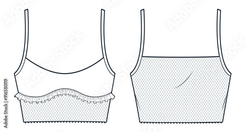  Mesh Crop Top technical fashion illustration. Sports Bra fashion flat technical drawing template, strap, ruffle, front and back view, white, women CAD mockup.