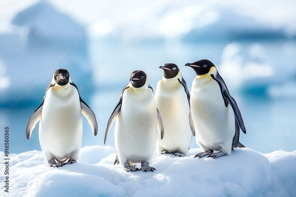 Obraz premium Four Emperor Penguins standing on ice floe in Antarctica