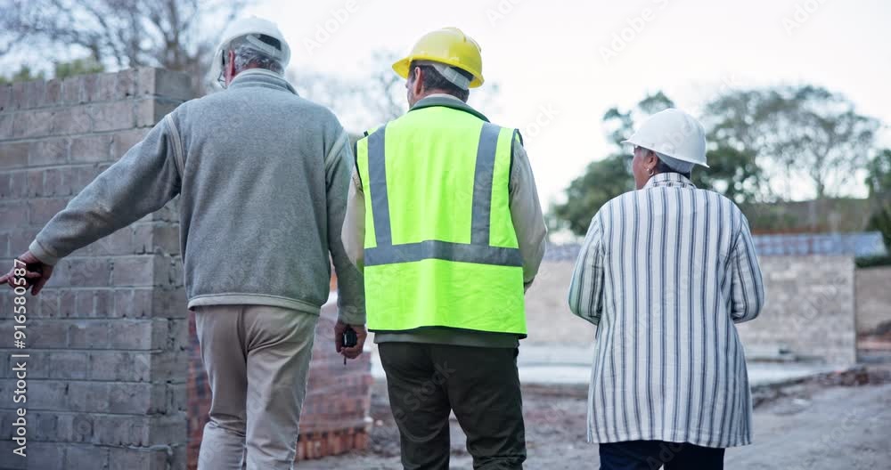 People, group and blueprint with back at construction site with discussion, inspection and planning. Men, woman and engineering team with material, architecture and paperwork with talk for property People, group and blueprint with back at construction site with discussion, inspection and planning. Men, woman and engineering team with material, architecture and paperwork with talk for property