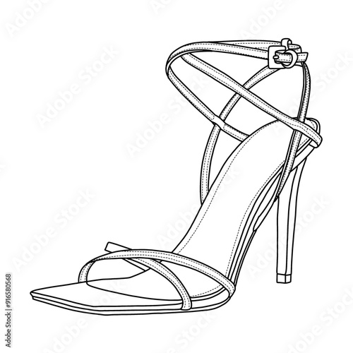 A line drawing of a high-heeled women's sandal with straps and a buckle, Technical sketch hand drawing outline vector doodle illustration, side view isolated on white background