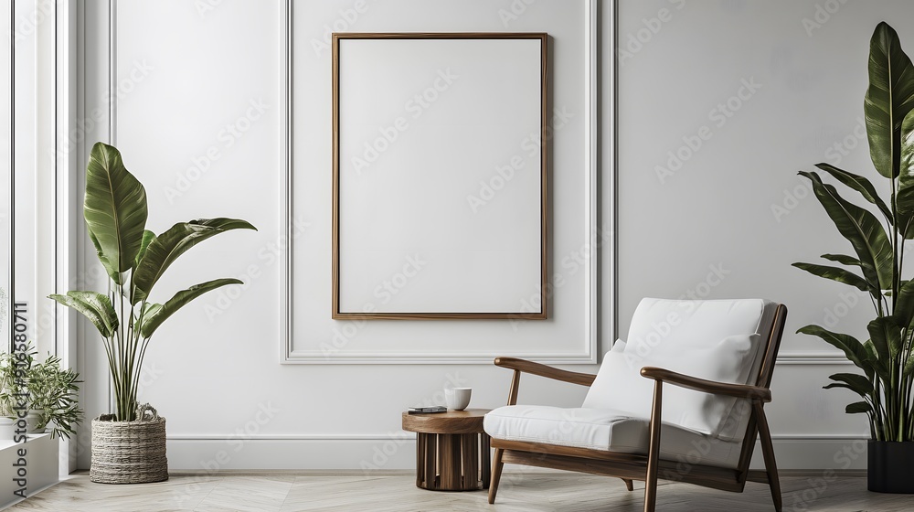Minimalist white poster mockup on a clean white wall with no distractions Minimalist white poster mockup on a clean white wall with no distractions