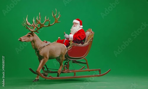Santa Claus Riding Sleigh with Reindeer on Green Screen Background