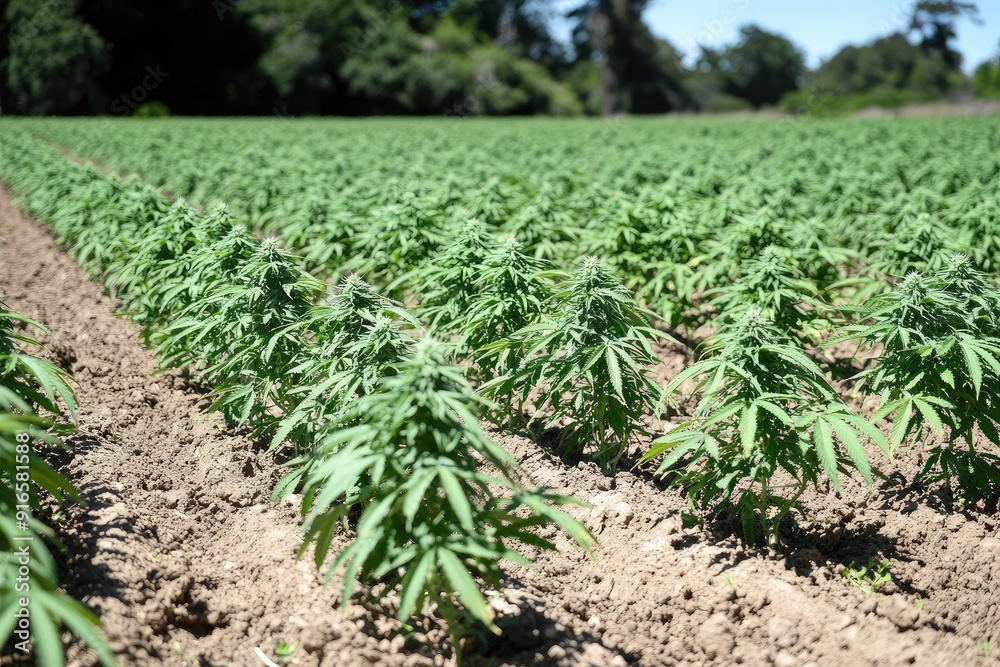 Lush green cannabis plants growing in an outdoor field, showcasing healthy foliage under the sun. Lush green cannabis plants growing in an outdoor field, showcasing healthy foliage under the sun.