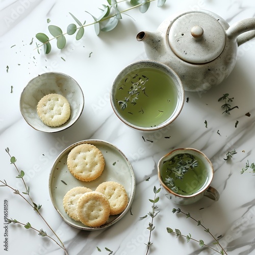 A serene tea setup featuring green tea, delicate cookies, and fresh herbs on a marble table, perfect for relaxation. photo