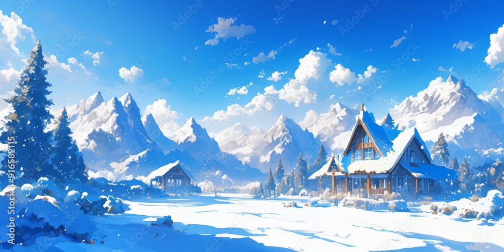 Fototapeta premium Enchanting Anime-Style Winter Wonderland: Dreamy Lakeside Scene with Mesmerizing Cloud Reflections. Ideal for Holiday Promotions, Travel Destinations, and Inspiring 4K Wallpapers. Perfect for Creative