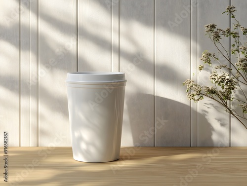 Minimalist white tumbler mockup placed on a light wooden surface with subtle reflections photo