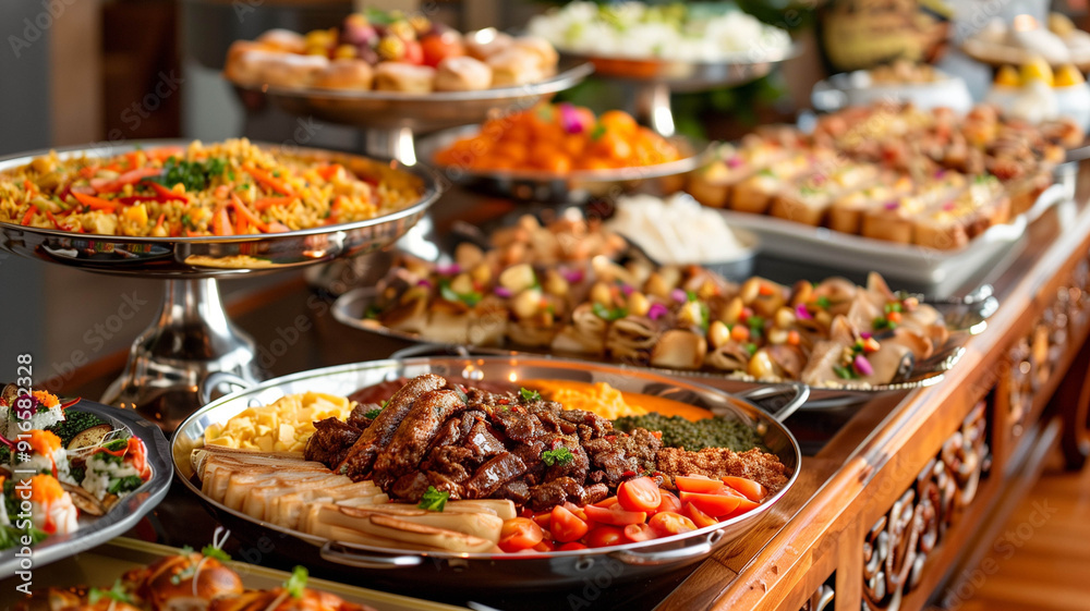 A lavish buffet table with various international cuisines, elegantly presented A lavish buffet table with various international cuisines, elegantly presented