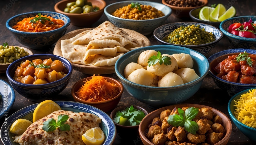 Delicious Indian food in bowls on a wooden table. Delicious Indian food in bowls on a wooden table.