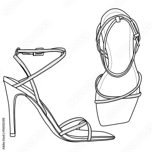 A line drawing of a high-heeled women's sandal with straps and a buckle, Technical sketch hand drawing outline vector doodle illustration, side and top view isolated on white background