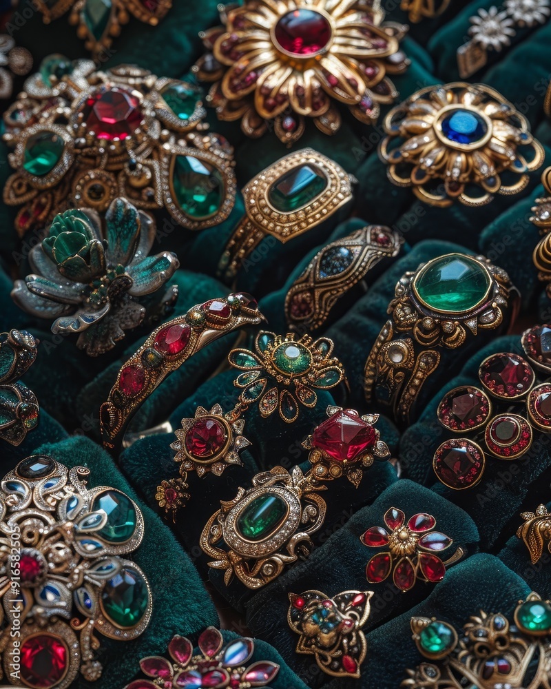 Fototapeta premium A stunning collection of vintage rings featuring intricate designs and vibrant gemstones on a luxurious velvet background.
