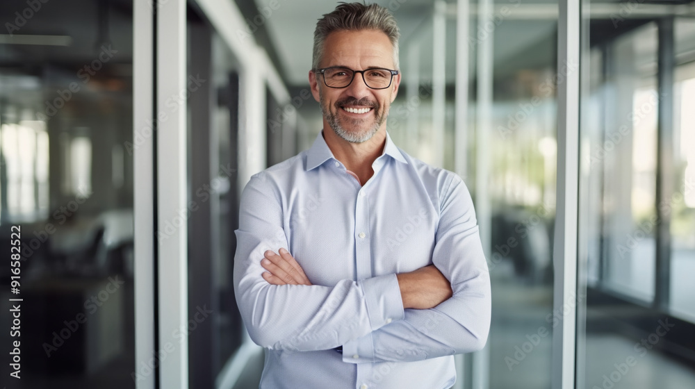 A smiling middle-aged business man standing in a modern office with glass walls, wearing a white shirt and jeans. A smiling middle-aged business man standing in a modern office with glass walls, wearing a white shirt and jeans.
