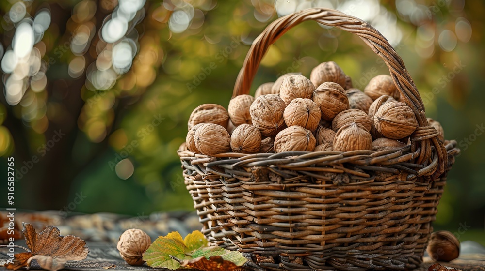 Walnuts in a basket against the background of a garden Walnuts in a basket against the background of a garden
