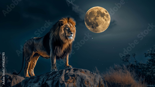 A majestic lion standing regally on a stone at night, with a full moon casting a soft glow on its mane