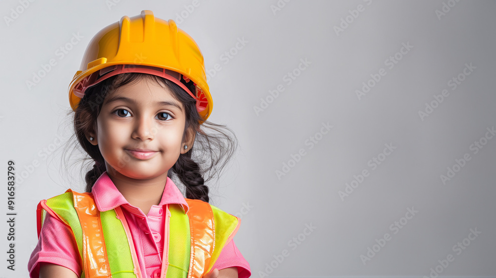 A cute happy smiling young Indian girl dressed like a construction worker on a plain white background with copy space for text. A cute happy smiling young Indian girl dressed like a construction worker on a plain white background with copy space for text.