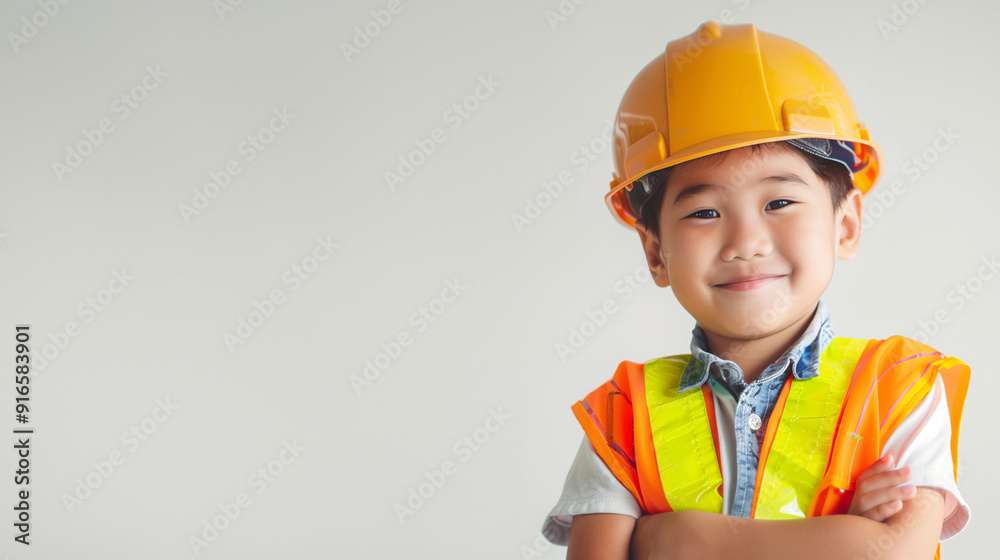 A cute happy smiling young Southeast Asian boy dressed like a construction worker on a plain white background with copy space for text. A cute happy smiling young Southeast Asian boy dressed like a construction worker on a plain white background with copy space for text.