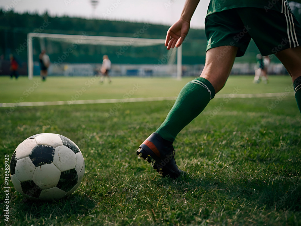 Sports Field: Close-up of meticulously maintained green grass, with a blurred background of goalposts and players in action, hinting at a soccer game. Sports Field: Close-up of meticulously maintained green grass, with a blurred background of goalposts and players in action, hinting at a soccer game.