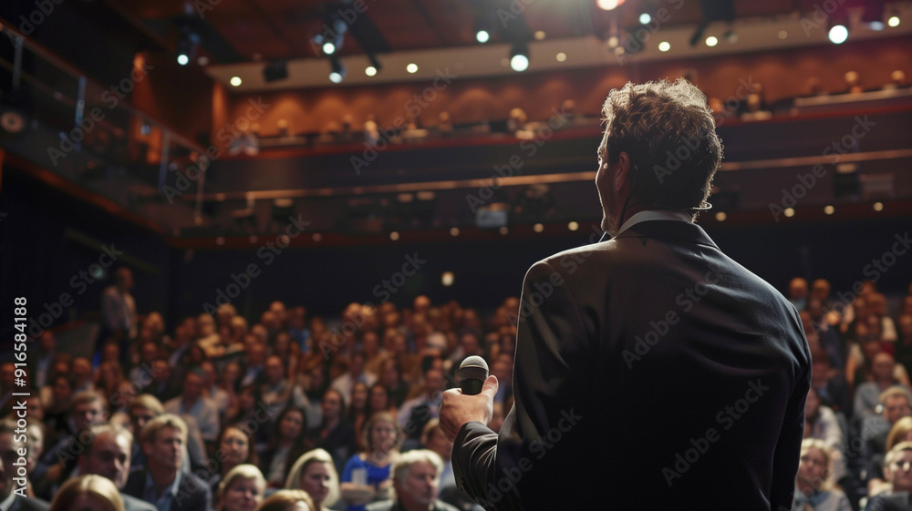 A man in a suit addressing a large audience in a modern conference hall A man in a suit addressing a large audience in a modern conference hall