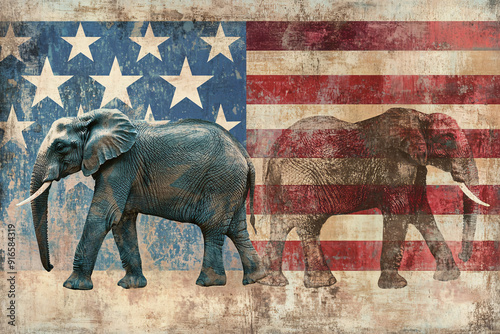 Two elephants walking against a faded American flag backdrop, symbolizing political parties, tradition, and national identity in a vintage style