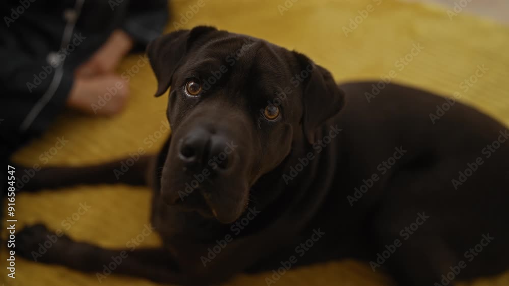 A black dog resting on a yellow blanket in a cozy bedroom with a person lying nearby, creating a warm and comforting domestic scene.