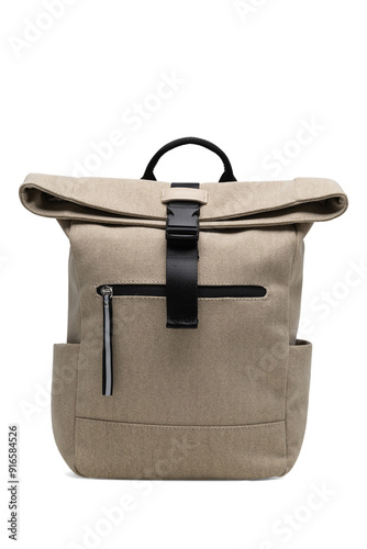 Female fashion beige hand bag backpack isolated on transparent background. Grey leather unisex casual shoulder backpack. — photography