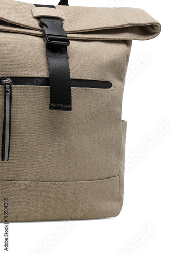 Female fashion beige hand bag backpack isolated on transparent background. Grey leather unisex casual shoulder backpack. — photography