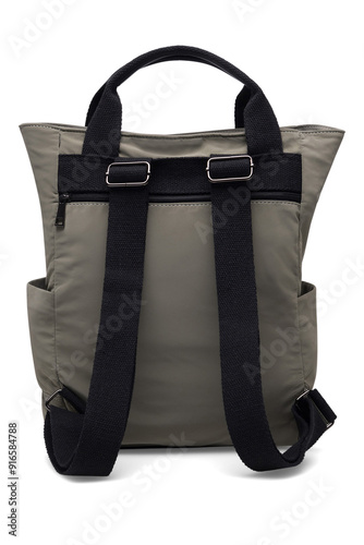 Female fashion beige hand bag backpack isolated on transparent background. Grey leather unisex casual shoulder backpack. — photography