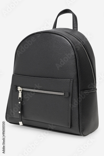 Female fashion beige hand bag backpack isolated on transparent background. Black leather unisex casual shoulder backpack. — photography
